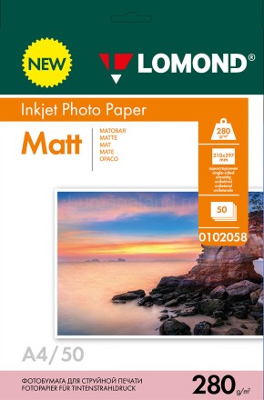 Фотобумага Lomond матовая А4 (0102058), 280 гр./50 л, односторонняя, для струйной печати