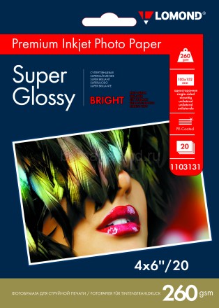 Фотобумага Lomond А6+(10*15) (1103131), суперглянцевая(SuperGlossy Bright), 260 гр/20 л, для струйной печати